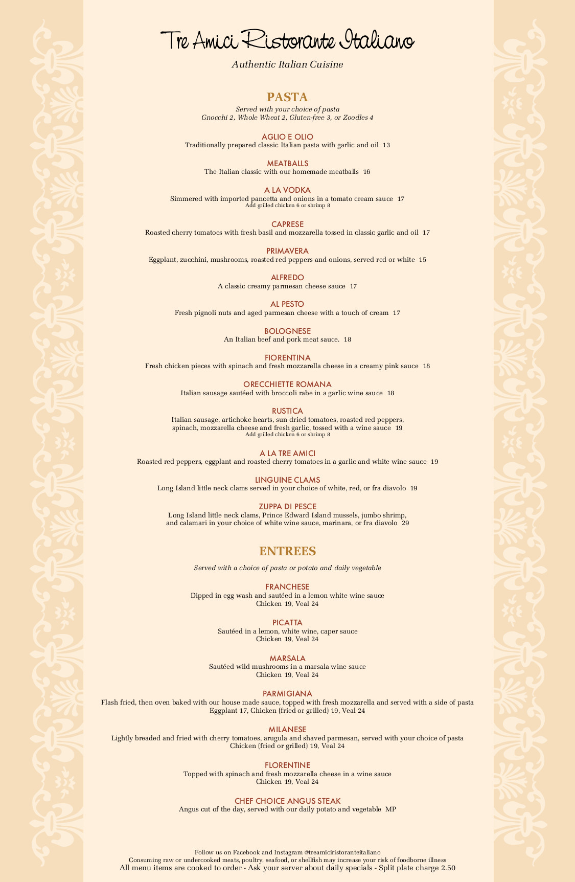 Menu TRE AMICI RISTORANTE ITALIANO
